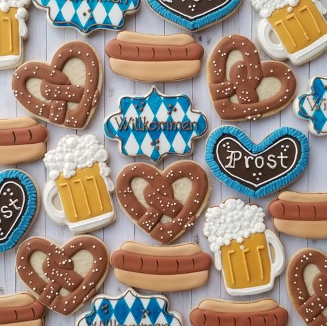 Oktoberfest cookies, pretzels, beer, and hotdogs Oktoberfest 30th Birthday, Octoberfest Birthday Party Ideas, Oktoberfest Decorated Cookies, Octoberfest Cookies Decorated, Oktoberfest 1st Birthday Party, Oktoberfest Cookies Decorated, Oktoberfest First Birthday Party, Oktoberfest Baby Shower Ideas, Oktoberfest Birthday Party