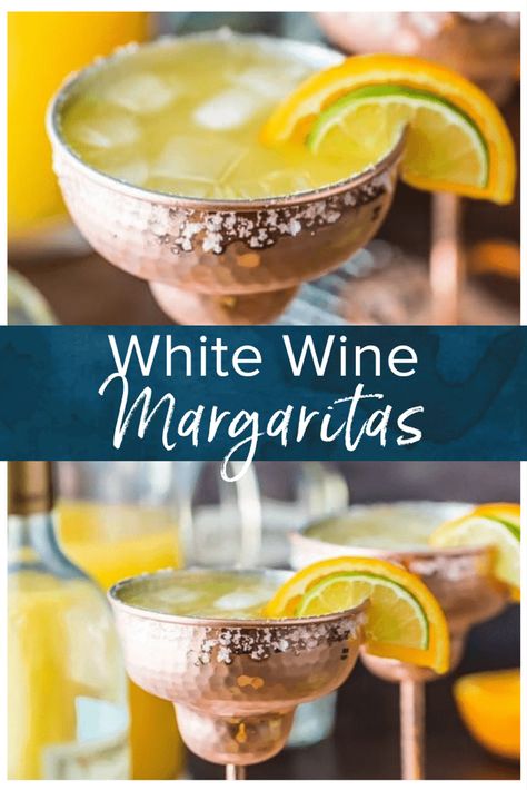 Cheers with a WHITE WINE MARGARITA! This easy recipe for a crowd makes a fast pitcher of the best ever white wine cocktail, simple and refreshing! #thecookierookie #margaritas #whitewine #cocktail White Wine Recipes Drinks, Cocktails With White Wine, White Wine Drink Recipes, Wine Cocktail Recipes Easy, White Wine Cocktail Recipes, White Wine Margarita Recipe, Wine Margarita Recipe, Cocktails With Wine, White Wine Drinks