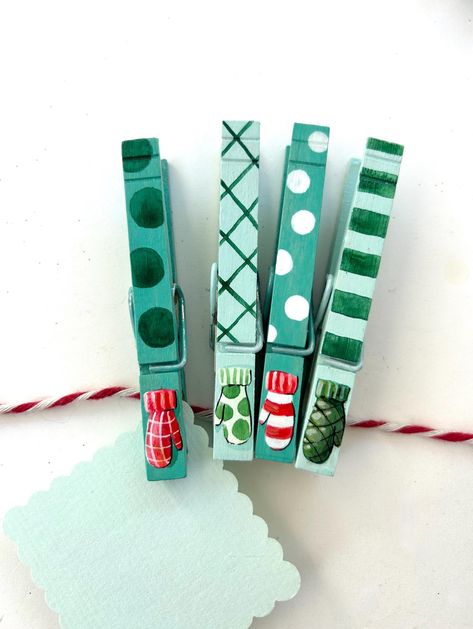 CHRISTMAS CLOTHES PINS winter mittens hand painted clothespins colorful Christmas clothespin card display Christmas card holder gift toppers Painted Clothes Pins Christmas, Clothes Pin Painting, Clothes Pin Crafts Christmas, Clothes Pin Christmas Crafts, Clothes Pins Ideas, Decorated Clothes Pins, Clothespins Crafts, Painted Clothespins, Painted Clothes Pins