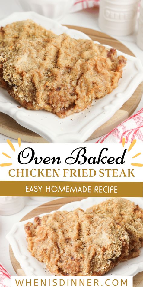 Oven Baked Chicken Fried Steak is a deliciously tender and crispy dish made with cube steak breaded and cooked in the oven. Baked Chicken Fried Steak, Chicken Fried Steak Easy, Steak Oven, Fried Cube Steaks, Quick Beef Recipes, Fried Steak Recipes, Main Recipes, Baked Pork Chops Oven, Baked Steak