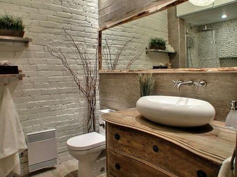 Painting Brick Interior Walls Ideas | Modern bathroom design with white brick wall and wood furniture Painting Brick Interior, Brick Wall Bathroom, Rustic Modern Bathroom, Brick Wall Ideas, Brick Bathroom, Brick Wall Decor, Design Interior Modern, Brick Interior Wall, Farmhouse Bathroom Decor Ideas