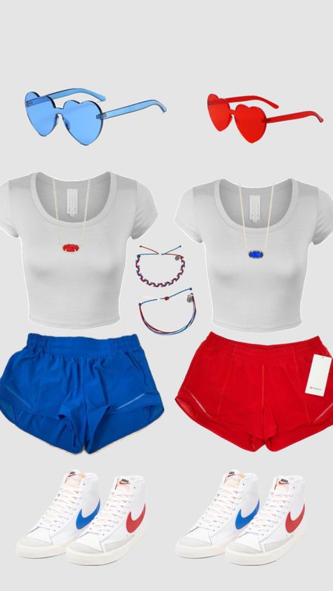 Fourth Of July Matching Outfits, Outfit Ideas Preppy Summer, Matching Summer Outfits For Friends, Usa Dress Up Day, Usa Theme Outfit, Red White And Blue Outfits, Bff Matching Outfits, Spirit Week Outfits, Preppy Fits