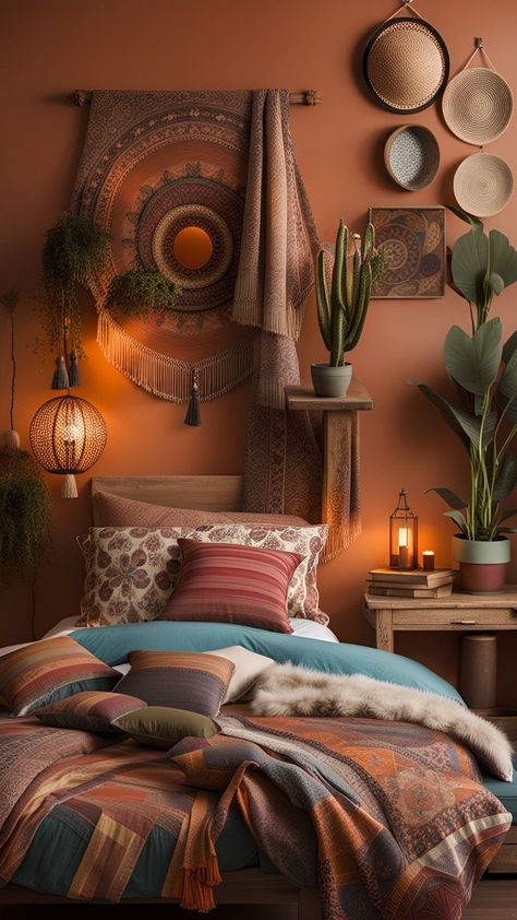 Southwestern Bedroom, Cozy Bedroom Design, Bohemian Room Decor, Boho Interior Design, Bedroom Orange, Bedroom Boho, Style Deco, Bedroom Styles, Decoration Design