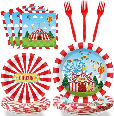 Tevxj Circus Party Plates Napkins Carnival Party Tableware Carnival Circus Disposable Paper Plates Napkins Happy Birthday Party Decorations Supplies Favors for 24 Guests 3 Ring Circus Birthday Party, Hero Theme Party, Circus Themed Birthday Party, Circus Party Decorations, Birthday Plates, Circus Carnival Party, Superhero Theme Party, Animal Baby Shower Theme, Girls Party Decorations