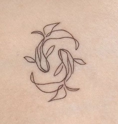 Mini Tats For Moms, Single Line Koi Fish Tattoo, Pisces Tattoo Fine Line, Elegant Matching Tattoos, Minimalist Tattoo Sister, Tattoos For Pisces Women, Koy Fish Tattoos Small Simple, Minimalist Pisces Tattoo, Koi Fish Line Tattoo