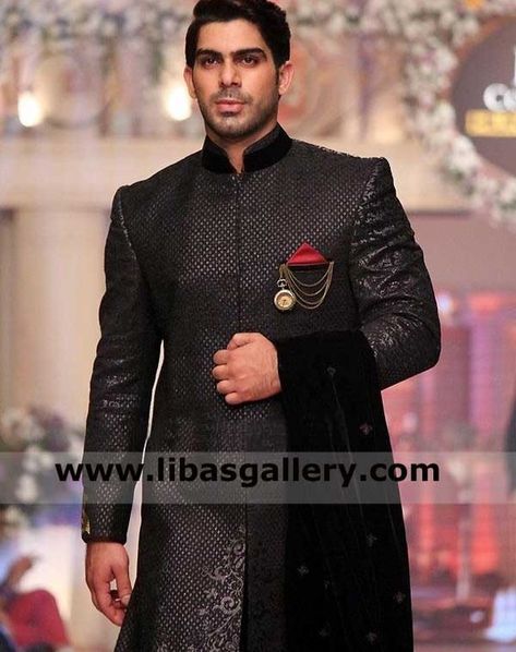 Black Exquisite Wedding Sherwani Style with Pocket Chain made on check embroidery design and self embroidery paired with shawl and inner kurta trouser true choice for Nikah Dulha #exquisitesherwani #amazingsherwani #checkdesignfabric #netdeisgnfabric #sherwanifabricpakistan #sherwanimood #dulhasherwanis #sherwanionorder #groomsherwaniquebec #marriagesherwanistyles #latestsherwanidesigns #sherwanistoresottawa #sherwanioutletvancouver #sherwaninewideas #stylishsherwanis #pakistanisherwani #embr... Check Embroidery, Pocket Chain, Wedding Sherwani, Pakistani Wedding Dresses, Pakistani Wedding, Embroidery Design, Shawl, Fabric Design, Embroidery Designs