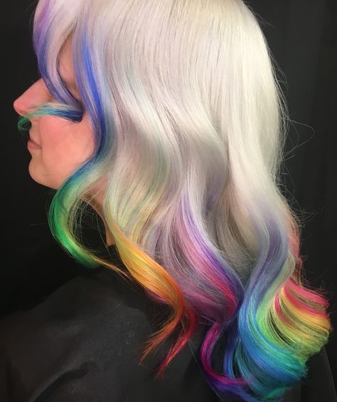 360 on Amber’s @headcasehair316 rainbow tipped white hair #whitehair #rainbowtips #prismhair #vintagestyle #modernsalon #behindthescenes #beautylaunchpad #americansalon White And Rainbow Hair, Star Clown, Rainbow Tips, Colorful Hair, White Rainbow, Crazy Colour, White Fur, Rainbow Hair, Modern Salon