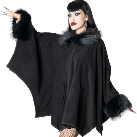 New With Tags. The Glamour Ghoul Cape Is Where Old School Meets New Ghoul, Fashioned After Vintage Styled Capes With A Gothic Twist. This Cape Has It All: A Bat Wing Shape, Luxurious And Plush Fur Collar And Cuffs, And Best Of All An Inside Pocket For Your Phone! The Cape Is Made From Polar Fleece, With Vegan Faux Fur, And A Front Double Snap Closure To Creep You Warm And Spooky All Year Long! Designed In California. Goth, Halloween, Costume, Winter, Jacket/Coat Ghdgbwc 60 Goth Halloween Costume, Glamour Ghoul, Handknit Design, Sequin Cape, Kreepsville 666, Bat Costume, Vintage Cape, Cropped Blazer Jacket, Knitted Cape