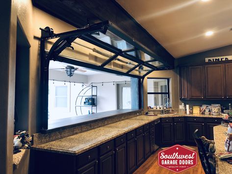 Kitchen With Garage Door Window, Windows That Open Like Garage Doors, Kitchen Garage Door Window, Garage Kitchen Window, Garage Window Kitchen, Garage Door Window Bar, Garage Door Style Windows, Garage Door Bar Window, Garage Door Kitchen Window