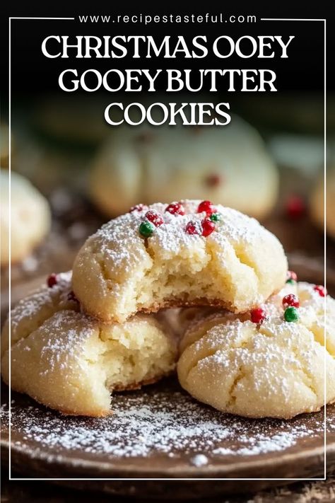 These Christmas Ooey Gooey Butter Cookies are soft, sweet, and melt-in-your-mouth delicious! The buttery, cream cheese dough is enriched with a yellow cake mix and topped with festive sprinkles for the perfect holiday treat. These easy-to-make cookies are perfect for any Christmas cookie platter and are sure to be a crowd favorite. Gooey Butter Cookies Recipe, Cream Cheese Dough, Ooey Gooey Butter Cookies, Cheese Dough, Butter Cake Cookies, Easy To Make Cookies, Gooey Butter Cookies, Best Christmas Cookie Recipe, Cookie Platter