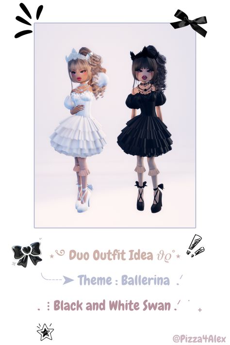 ⋆˚࿔ Duo Outfit Idea 𝜗𝜚˚⋆ .    ╰┈➤ Theme : Ballerina ꩜ .ᐟ  𐔌   .  ⋮ Black and White Swan .ᐟ  ֹ   ₊ ꒱  .         ╰┈➤ Also thank you guy so much for 75 followers!! It means alot to me .ᐟ <3  #DTI #Roblox #DressToImpress #Ballerina #BalletClass #BlackndWhiteSwan #Duo Black And White Dti Outfit, Black And White Swan, Dancer Dress, Dti Fits, Ballerina Dress, Ballet Class, White Swan, Black White Dress, Outfit Idea