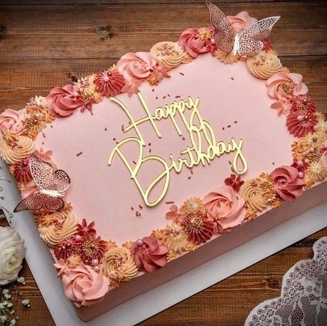 Pink And Gold Sheet Cake, Rose Gold Sheet Cake, Butterfly Sheet Cake Ideas, 60th Birthday Sheet Cake, Sheet Cake Birthday Cake Ideas, Butterfly Sheet Cake, Full Sheet Cake Designs, Square Cake Design Birthdays, Birthday Cake Rectangle