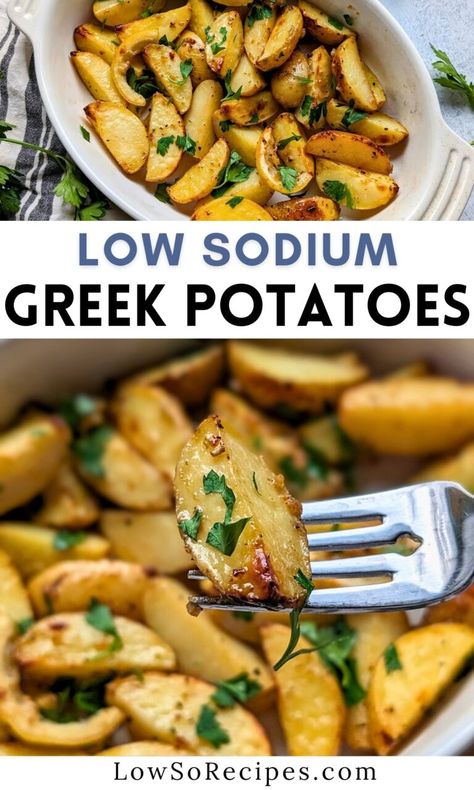 Low Sodium Greek Lemon Roasted Potatoes Recipe - Low So Recipes Low Sodium Mediterranean Diet, Low Sodium Low Carb Meals Easy, Low Sodium Sides Dishes, Low Salt Diet Recipes, Low Sodium Vegetables, Easy Low Sodium Meals Dinners, Vegan Low Sodium Recipes, Low Sodium Lunches Easy, Low Sodium Mediterranean Recipes