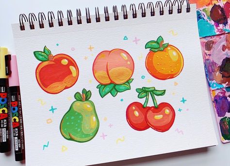 Brittnie on Instagram: “Which Animal Crossing fruit is your favorite? 🍎🍑🍊🍐🍒 • • • #gouache #gouachepainting #gouacheillustration #gouachepaint #art #artist #paint…” Animal Crossing Fruit, Gouache Studies, Himi Gouache, Fruit Doodle, Gouache Illustration, Chinese Drawings, Posca Pens, Posca Marker, Posca Art