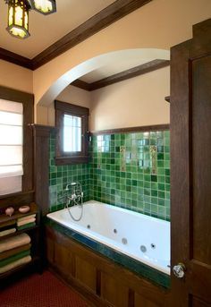 The Allure of Arts & Crafts Kitchens & Baths | Arts & Crafts Homes and the Revival Bathroom With Green Tile, Craftsman Style Bathroom, Craftsman Style Bathrooms, Arts And Crafts Bathroom, Craftsman Interiors, Bungalow Bathroom, Arts And Crafts Interiors, Craftsman Bathroom, Craftsman Decor