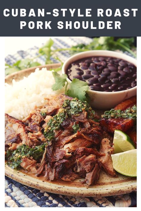 Cuban-Style Roast Pork Shoulder With Mojo Recipe | Cuban mojo-marinated roast pork as it should be: juicy, succulent with garlic and citrus, intensely porky, and melt-in-your-mouth tender.	  #caribbean #caribbeanrecipes #seriouseats #recipes South American Pork Recipes, Pork Shoulder Roast Crock Pot Cuban, Latin Pork Recipes, Cuban Roast Pork Shoulder, Spanish Pork Recipes, Pork Mexican Recipes, Cuban Roasted Pork, Pork Mexican, Mojo Recipe