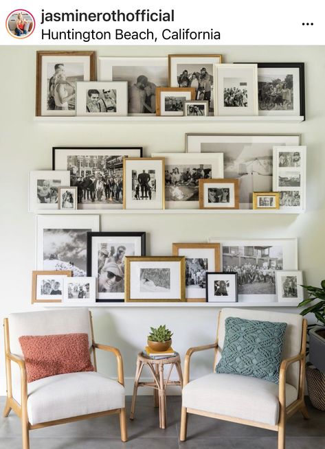 How To Display Pictures In Living Room, Picture Shelf Gallery Wall, Gallery Wall Layout Shelves, Bookcase Picture Display, Shelf Decor Living Room Pictures, Styling A Photo Ledge, Floating Shelves With Pictures Living Room, Photo Wall With Floating Shelves, Picture Ledge Wall Living Room