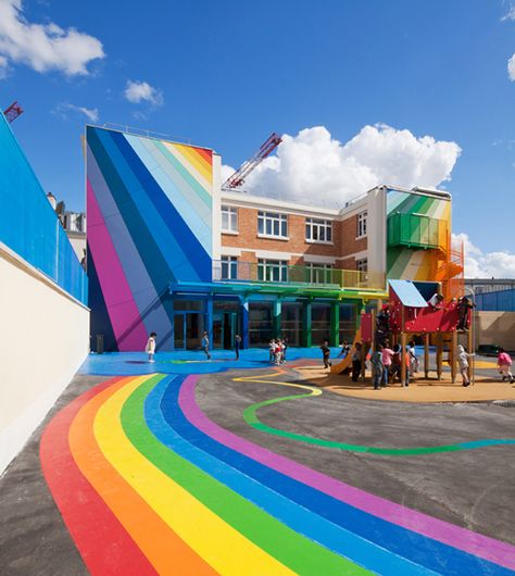 colorful french school in paris - love! Colorful Places, Colourful Buildings, French School, Manama, Palau, Over The Rainbow, World Of Color, Public Art, A Rainbow