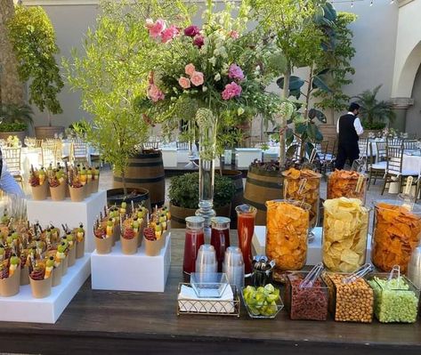 Candy Bar For Quinceanera, Dessert And Snack Table Ideas, Event Snack Table, Snack Tables For Weddings, Boho Wedding Snack Table, Candy Table Wedding Ideas, Hot Cheetos And Cheese Bar, Elote Bar Wedding, Fruit Dessert Table Ideas