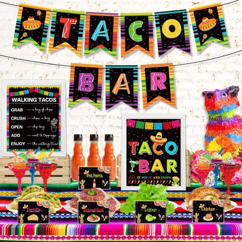 Taco Graduation Party, Baby Shower Mexican Theme, Book Club Party Food, Mexican Fiesta Party Decorations, Labor Day Ideas, Bar Party Ideas, Mexico Bachelorette Party, Taco Bar Party, Bar Banner