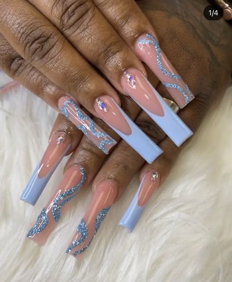 Grey And Blue Nails Acrylic, Navy Blue Nails Long, Blue Acyrilics Nails, Long Nail Designs Blue, Powder Blue Nails Designs, Baby Blue Prom Nails, Carolina Blue Nails, Blue Nail Sets, Light Blue Prom Nails