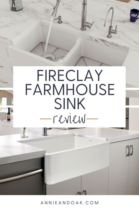 Learn everything you need to know about Fireclay Farmhouse Sinks in this review by https://anniandoak.com. Find out the Pros, Cons & Our Expert Opinion on these popular kitchen sinks. A fireclay farmhouse sink is made with incredibly durable fireclay material and is produced by subjecting the fireclay to extremely high temperatures to create the perfect ceramic sink. Visit us at https://anniandoak.com for the great advice on your farmhouse sinks and kitchens. Farmhouse Sink With Quartz Countertops, White Kitchen Cabinets With Farmhouse Sink, Apron Front Sink Cabinet, Best Apron Front Sink, Farmhouse Sink Fireclay, Quartz Farmhouse Sink, 33 Inch Farmhouse Sink, White Fireclay Farmhouse Sink, Apron Farmhouse Kitchen Sink