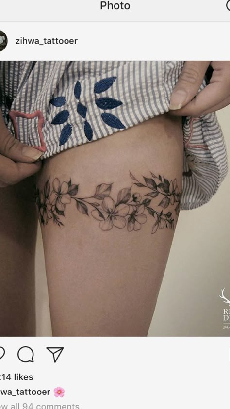 Best Feminine Tattoos, Butterfly Leg Tattoos, Thigh Band Tattoo, Leg Band Tattoos, Upper Leg Tattoos, Upper Thigh Tattoos, Pretty Flower Tattoos, Lillies Tattoo, Wrap Around Tattoo