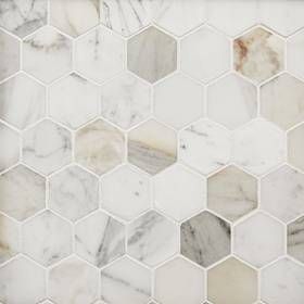 Calacatta 2 in. Hexagon Marble Mosaic White Porcelain Tile, Parts Of Stairs, Marble Mosaic Tiles, Travertine Tile, Marble Tiles, Tile Installation, Marble Mosaic, Marble Colors, Mosaic Designs