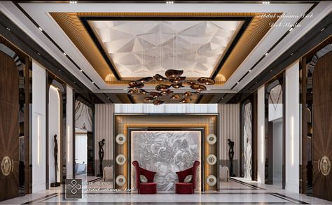 White Dove Palace on Behance False Ceiling Luxury, Lobby Ceiling Design Modern, Lobby False Ceiling Design, Luxury Entrance Hall, Lobby Ceiling Design, Entrance Door Ideas, Drawing Room Concept, Home Decor Entrance, Luxury Room Design