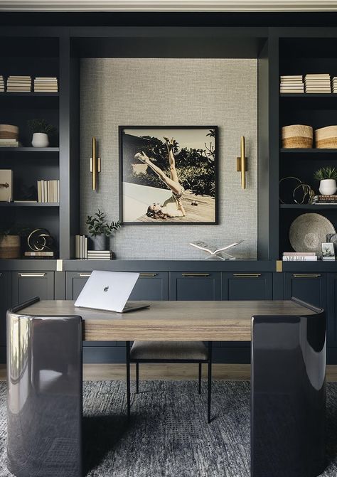 Office With Two Desks, Office Interior Design Luxury, Color In Interior Design, Masculine Home Office, Executive Office Design, Gray Room, Ikea Office, Design Studio Office, Office Built Ins