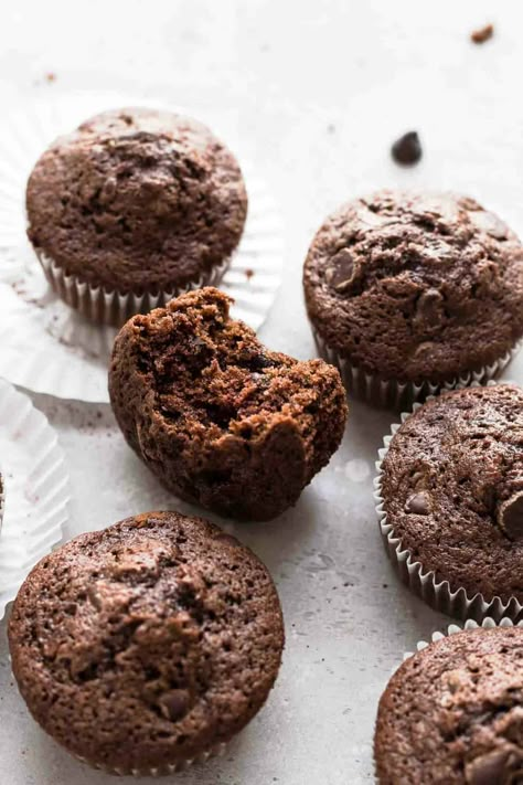 Chocolate zucchini muffin with a bite taken out of it Double Chocolate Zucchini Muffins, Chocolate Zucchini Muffins, Amazing Chocolate Cake Recipe, Pane Dolce, Zucchini Cake, Zucchini Muffins, Best Chocolate Cake, Chocolate Zucchini, Chocolate Muffins