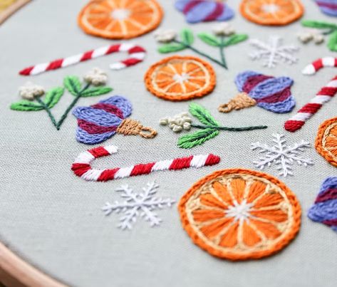 Christmas Citrus Embroidery Tutorial | LoveCrafts Citrus Embroidery, Christmas Oranges, Orange Christmas, Embroidery Tutorial, Snow Flakes, Wallpaper Iphone Christmas, Christmas Embroidery, Embroidery Tutorials, Candy Canes