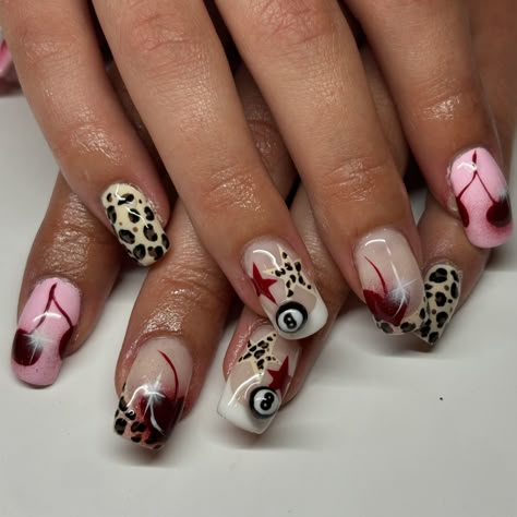 sooo slayyy 💅🏾🐆🍒💕🤍🎱 #nailart #naturalnails #naturalnailart #westlondonnails #westlondonnailtech #nailinspo Odd Nail Designs, Messy Nails, Detail Nail Art, Nail Short Nails, Messy Theme, Euphoria Nails, Vegas Nails, Themed Nails, Natural Nail Art