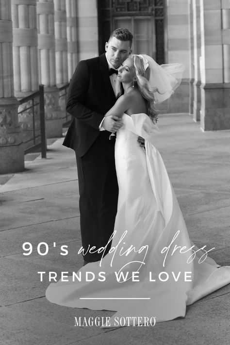 Read our blog and jet back to the 90's with some of our wedding gowns that perfectly encompass bridal trends from that decade. #weddingdress #vintageweddingdress #vintageweddingaesthetic #weddingtrends 90s Romcom, 90s Bride, 90s Gown, 90s Wedding Dress, 90s Wedding, Back To The 90's, Wildflowers Photography, Bridal Trends, Chic Wedding Dresses