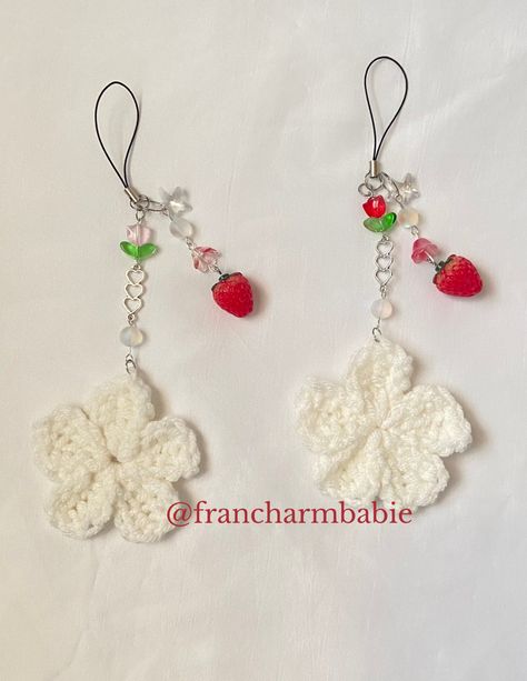 please order and help my small business on instagram @francharmbabie Crochet Phone Accessories, Crochet Phone Charm, Small Business On Instagram, Art Crawl, Keychain Beads, Crochet Keychains, Purse Design, Strawberry Flower, Crochet Keychain Pattern