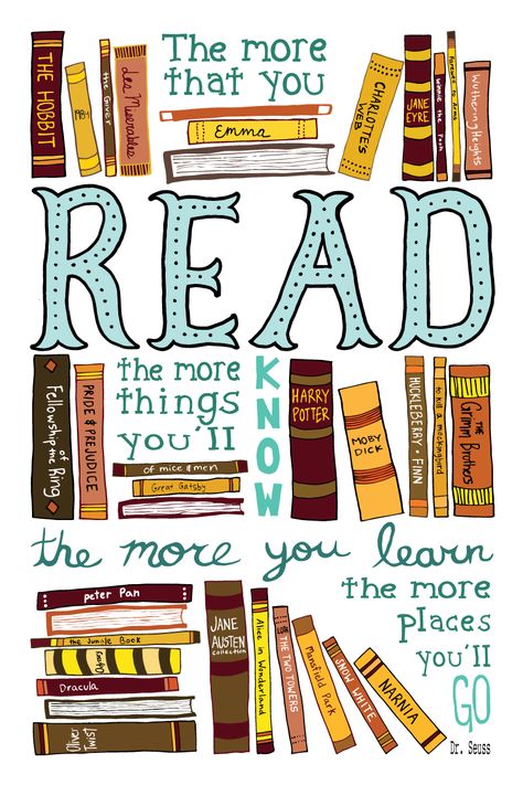 Hand Illustrated pro-reading type poster I did for a Design for Good Poster show!  *credit to Shannon Robinson Poster On Library, Importance Of Reading Books Poster, Reading Posters For Classroom Library, Reading Week Poster, Reading Day Chart Ideas, Reading Design Poster, Literacy Posters Ideas, Literacy Posters Design, Poster About Reading Books