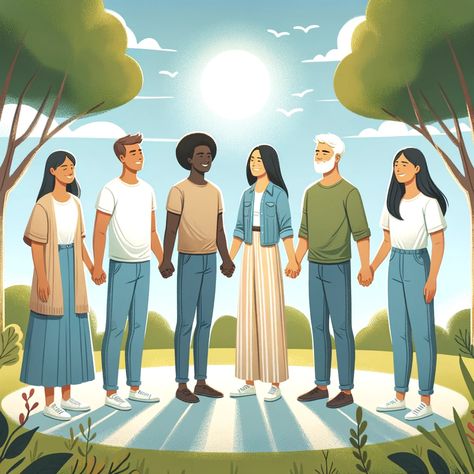 An illustration depicting a diverse group of people, including a Caucasian woman, an African man, a Hispanic man, and an Asian woman, standing in a circle holding hands, symbolizing unity and peace. They are in a serene outdoor setting with a background of lush green trees and a clear blue sky. Each person is smiling and looking at each other, showing a strong sense of harmony and... People Looking At Each Other, Unity Illustration, Cool Jesus, People Holding Hands, Support Pictures, Hispanic Men, Diverse People, Pictures Of Jesus Christ, Christian Pictures