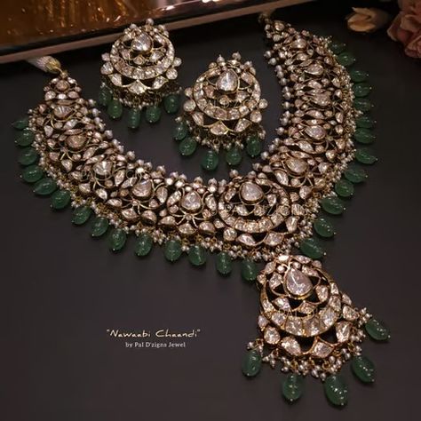 Nawaabi Chaandi Moissanite Polki Set Moissanite Jewellery, Polki Necklace Set, Polki Sets, Indian Wedding Jewelry Sets, Bride Jewelry Set, Tiaras Jewellery, Indian Bridal Jewellery, Jewellery Bridal, Fancy Jewellery Designs