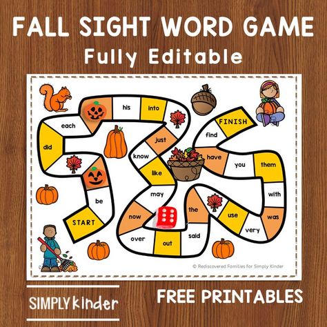 Free printable sight word game for kindergarten kids. This free fall themed game is fully editable and perfect for fall literacy centers. Fall Literacy Centers, Editable Sight Word Games, Game For Kindergarten, Sight Word Bingo, Word Games For Kids, Writing Sight Words, Thanksgiving Games For Kids, Sight Words Printables, Fall Words