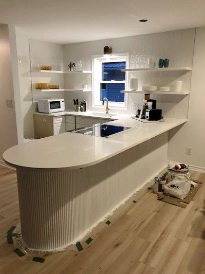 Fluted Kitchen Peninsula, Curved Kitchen Countertops, Rounded Kitchen Peninsula, Peninsula Makeover, Rounded Peninsula Kitchen, Curved Peninsula Kitchen, Curved Kitchen Peninsula, Diy Curved Kitchen Island, Diy Curved Cabinet