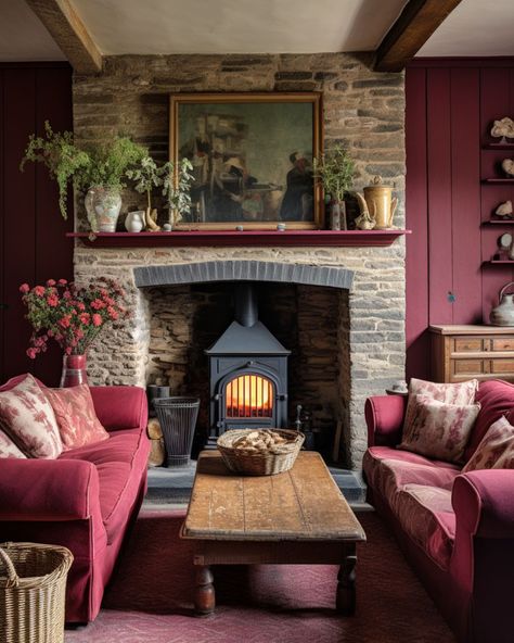 Red Rustic Living Room Brick Red Living Room, Burgundy Living Room Walls, Rustic Red Living Room, Burgundy Sofa Living Room Ideas, Burgundy Sofa, Lick Red Living Room, Red Living Room Decor Ideas, Red Cosy Living Room, Burgundy Couch Living Room