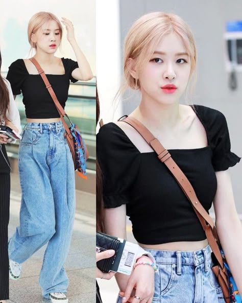 Blackpink Street Style, Rose Airport Fashion, Tzuyu Body, Preppy Chic Outfits, High Waisted Jeans Outfit, Blackpink Outfits, Look Rose, Korean Outfit Street Styles, Korean Casual Outfits