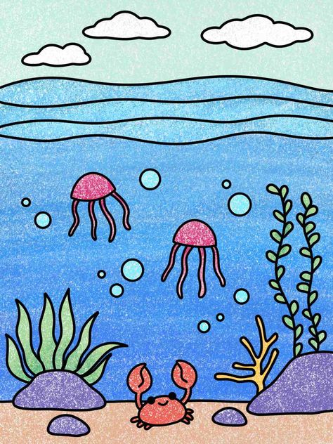 Creatives will enjoy learning how to draw the sea in today's art lesson. Drawing Ideas Easy Ocean, Cute Under The Sea Drawing, Sea Easy Drawing, Underwater Drawing For Kids, Easy Sea Drawings, Underwater Art Drawing, Under The Sea Drawing Easy, Ocean Drawing Simple, Sea Drawing Easy