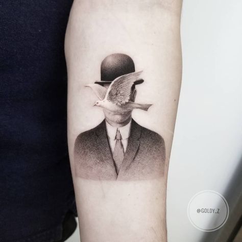 Man in a Bowler Hat by Rene Magritte Man In A Bowler Hat, Peaky Blinders Tattoo, Thomas Shelby Peaky Blinders, Surrealism Tattoo, Surreal Tattoo, Single Needle Tattoo, Thomas Shelby, Bowler Hat, Desenho Tattoo