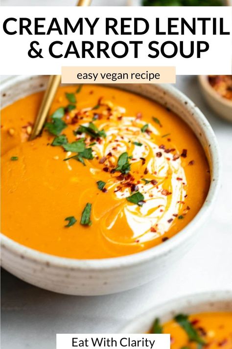 Carrot And Red Lentil Soup, Carrot Soup Easy, Recipes With Turmeric, Carrot And Lentil Soup, Vegan Lentil Soup, Dairy Free Soup, Lentil Soup Recipes, Red Lentil Soup, Carrot Soup