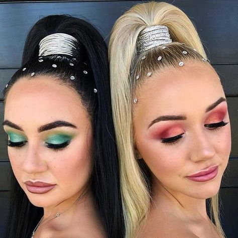 Space Ponytails, High Ponytail Accessories, High Ponytail With Rhinestones, Cheer Hairstyles Competition, Dance Ponytail Hairstyles, Commercial Hairstyles, Half High Ponytail, Festival Ponytail, Perfect High Ponytail