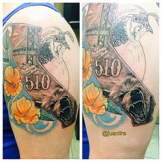 A California Bay Area Tattoo. Area code 510  (Oakland and East Bay) by Juan Lira @Juanlira on Instagram Oakland Tattoo Ideas, Bay Area Tattoos, Area Code Tattoo, California State Tattoos, Area Code Tattoos, California Bear Tattoos, State Tattoos, California Tattoo, Bay Area California