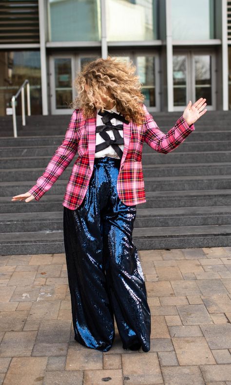 Pink Plaid Blazer Outfit, Pink Sequin Blazer Outfit, Pink Sequin Pants Outfit, Sequin Blazer Outfit, Sequin Pants Outfit, Pink Plaid Blazer, Sequins Pants Outfit, Mixed Prints Outfit, Prints Outfit