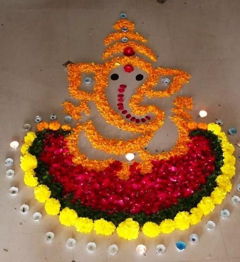 Ganesha Rangoli With Flowers, Flower Ganpati Rangoli, Ganesh Rangoli With Flowers, Ganpati Flower Rangoli, Flower Rangoli Designs Ideas Beautiful, Flower Rangoli Designs Creativity, Rangoli With Flowers, Flower Rangoli Designs, Simple Flower Rangoli