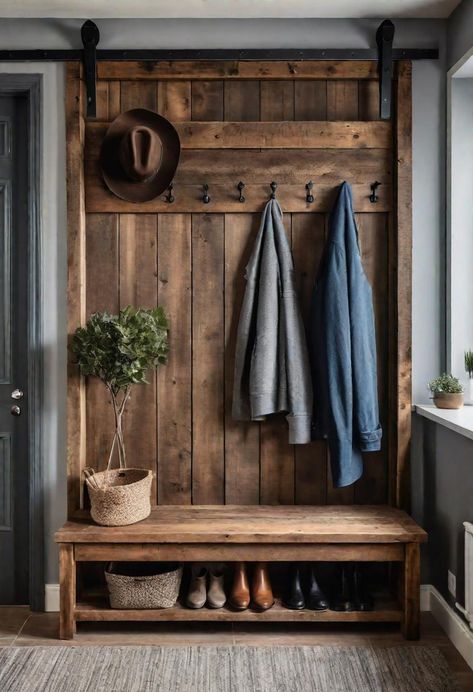 Side Entrance Ideas Entryway, Rustic Entrance Hall, Barn Door Entryway, Front Enterence Ideas Entryway Outside, Front Entrance Storage, Front Door Hallway, Small Front Entry, Boot Room Ideas Entrance, Coat Tree Entryway